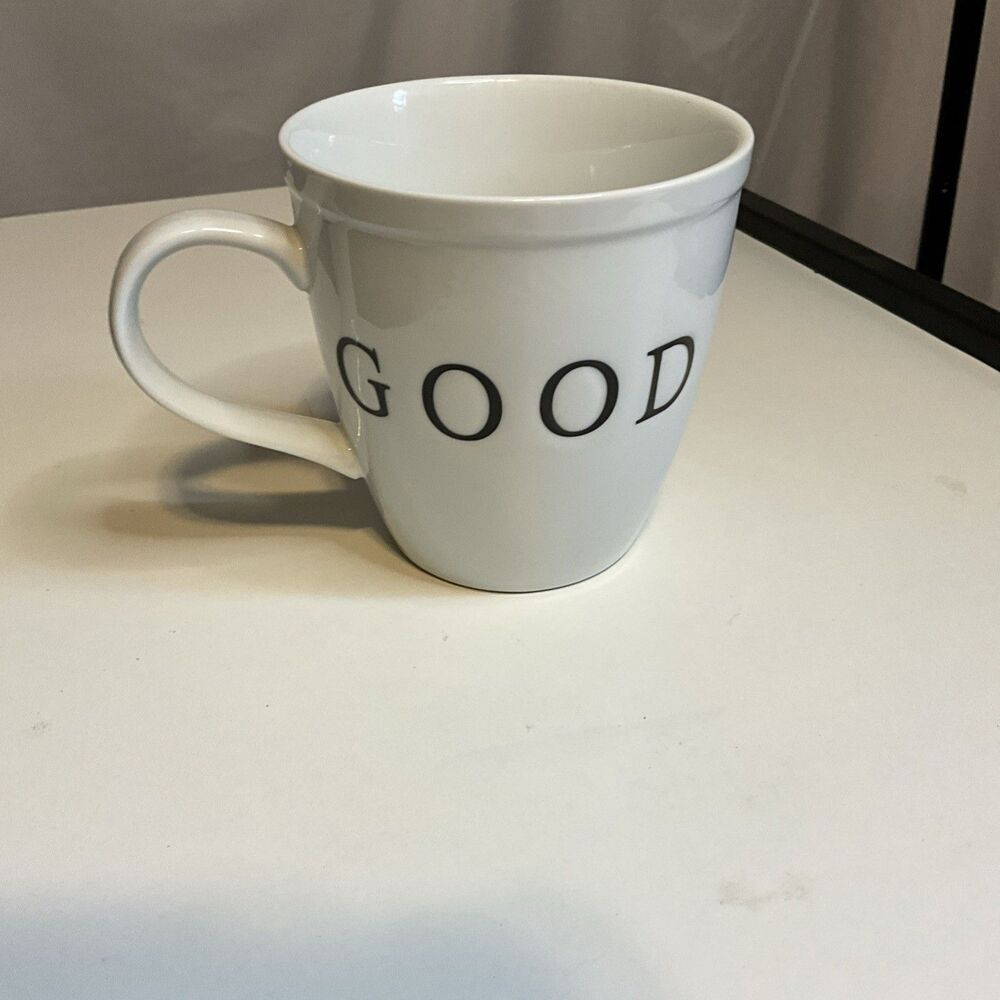 World Market Good Morning Vintage Etched Coffee Tea Mug Large White Black